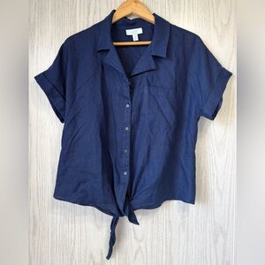 CHARTER CLUB Luxury Linen Navy Tie-Front Button-Down Shirt Size M